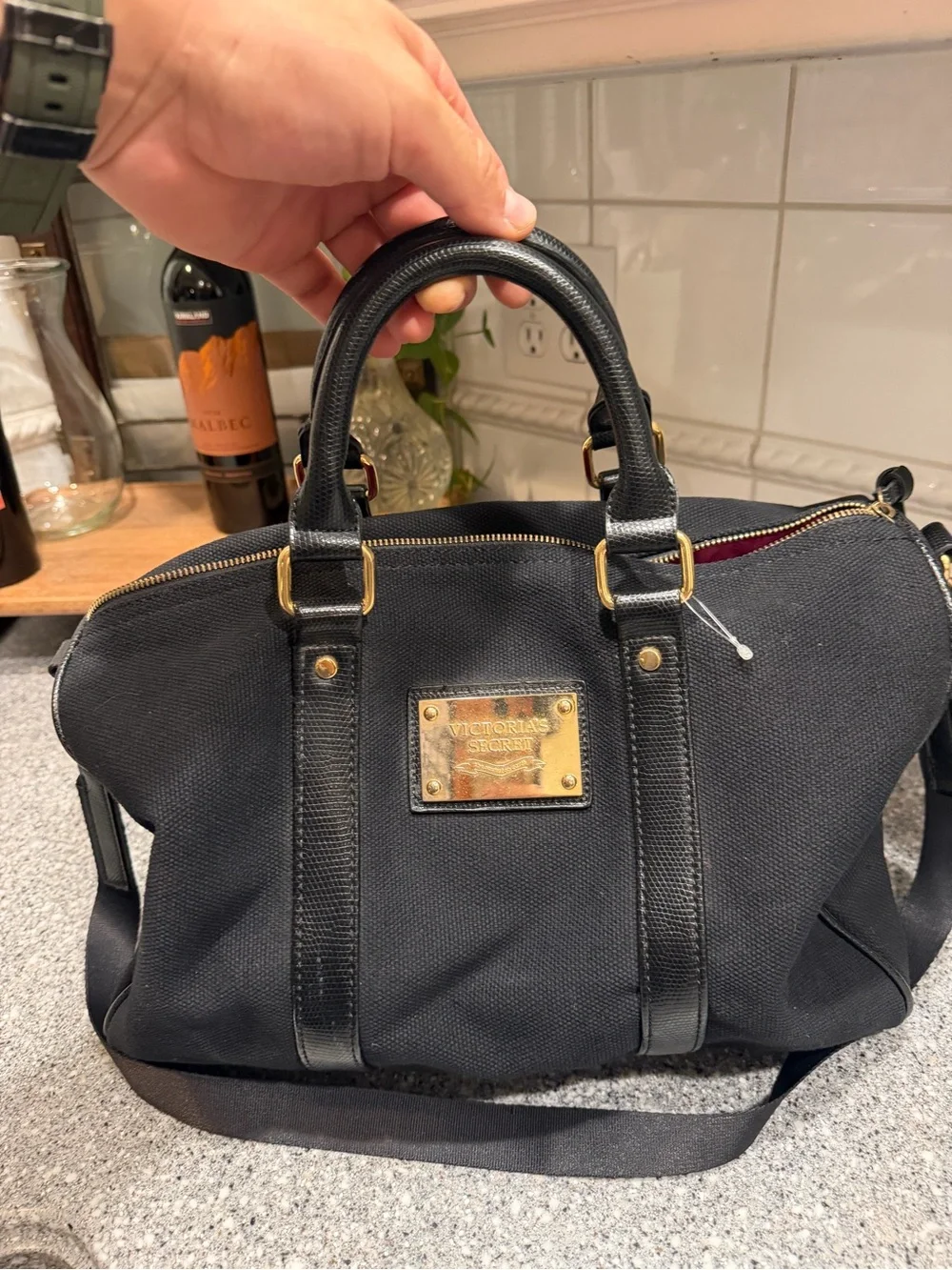 Victoria's Secret Black Canvas Satchel with Gold Plaque